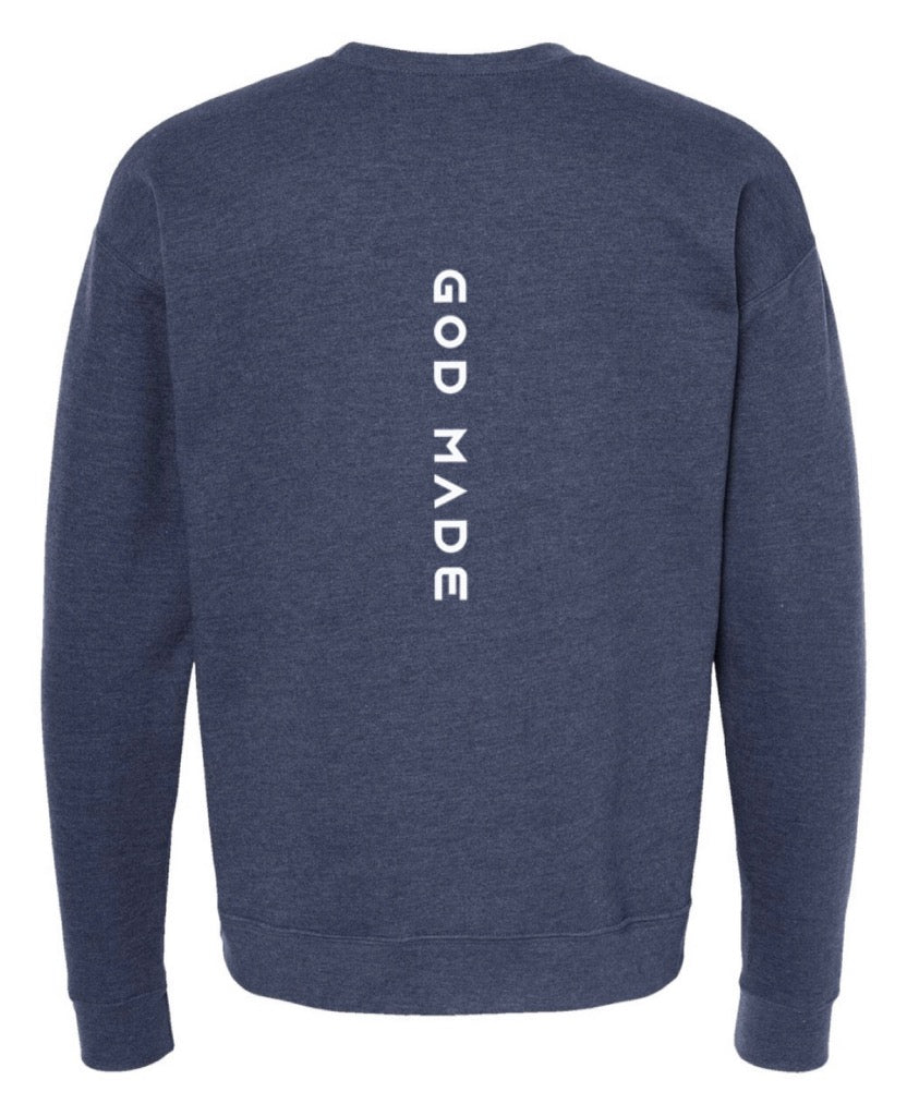 God Made Heather Denim Sweater – God Made Merch, LLC.