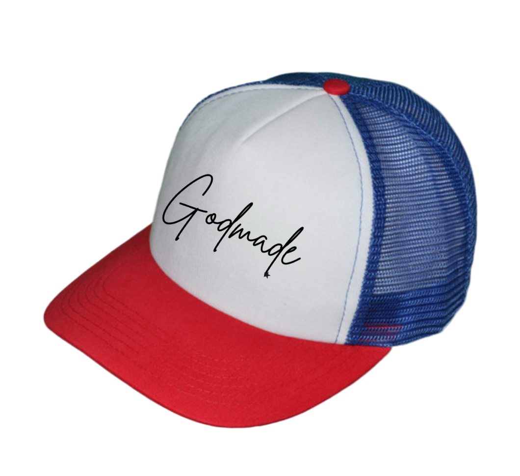 God Made Red, White, and Royal Blue Trucker Hat